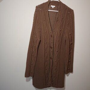 CHARTER CLUB TEXTURED BUTTON FRONT CABLE KNIT LONG CARDIGAN Size L Brown
